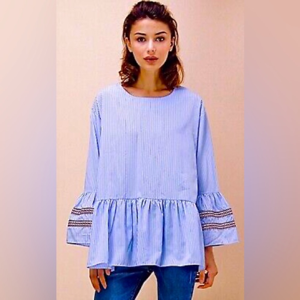 ChicWish Blue Stripe Leisure Top with Bell Sleeve size Small